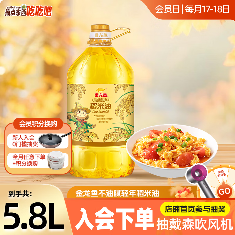 金龙鱼不油腻轻年稻米油 蕴含谷维素和维生素E 5.8L*1桶
