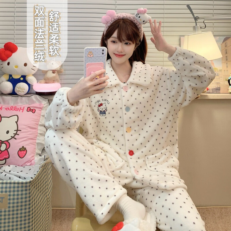 禾回helloKitty夹棉睡衣女冬季甜美卡通空气棉加厚学生休闲家居服套装 粉色 kt猫 法兰绒 L （100-115斤）