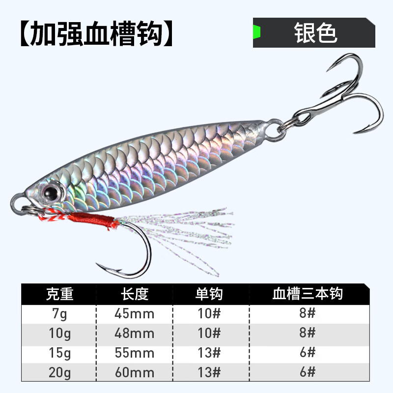 名犀双钩鱼鳞铁板路亚饵远投飘落铁板假饵淡水鲈鱼鳜鱼翘嘴通杀假鱼饵 单枚【银色】加强血槽钩 7克（前10#+后8#钩）