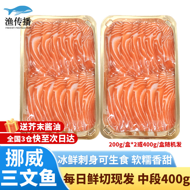 渔传播 冰鲜挪威三文鱼中段鱼腩整条刺身拼盘 即食 可生食 鱼类海鲜 三文鱼 400g 中段