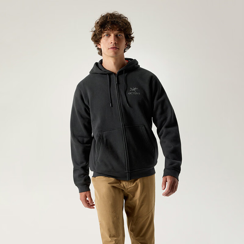 始祖鸟（ARC'TERYX）男士抓绒连帽卫衣新款 Emblem 透气保暖舒适休闲户外开衫外套 黑色/Black M