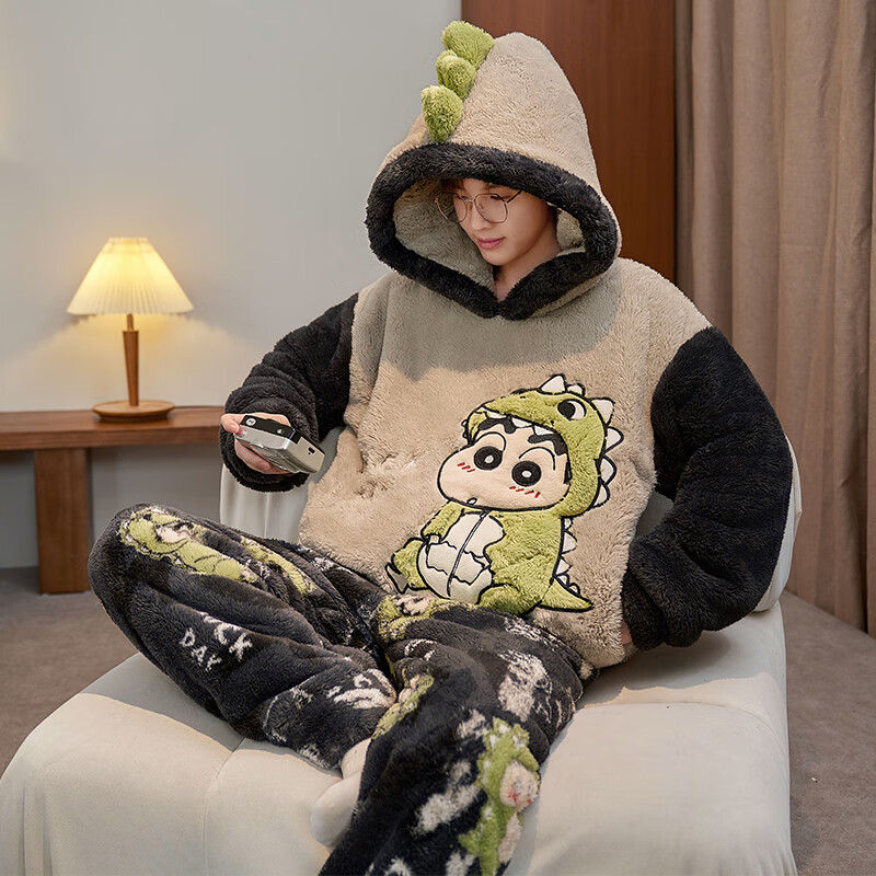 萧淑妃冬季加厚保暖卡通连帽法兰绒男士睡衣大码学生珊瑚绒家居服套装 恐龙蜡笔小新 2XL