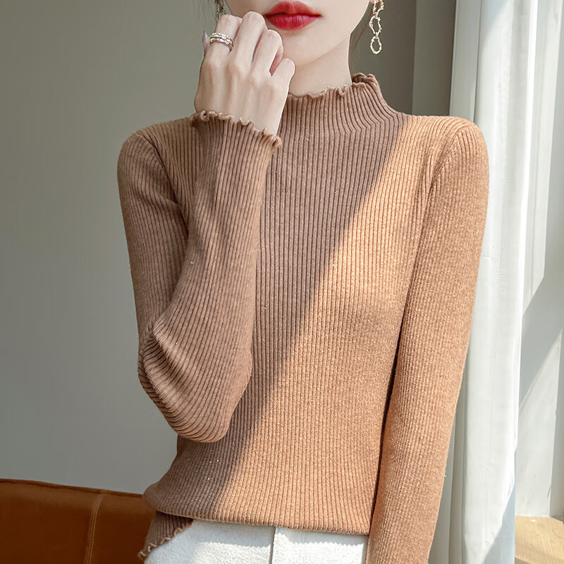 香影芬高级感木耳边针织衫女内搭秋冬打底衫2025新款洋气半高领花边毛衣 米色 L (建议105-115斤)