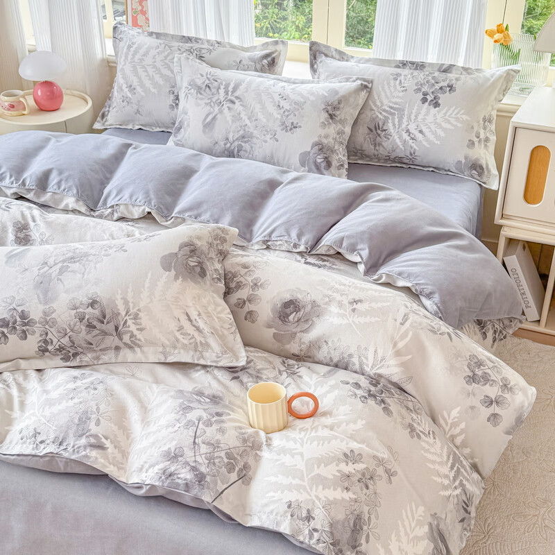 多兰诗（Duolanshi）磨毛四件套 春秋加厚保暖小清新宿舍卡通家用斜纹四件套 晚棠 1.8米 床笠款 被套180*220 四件套