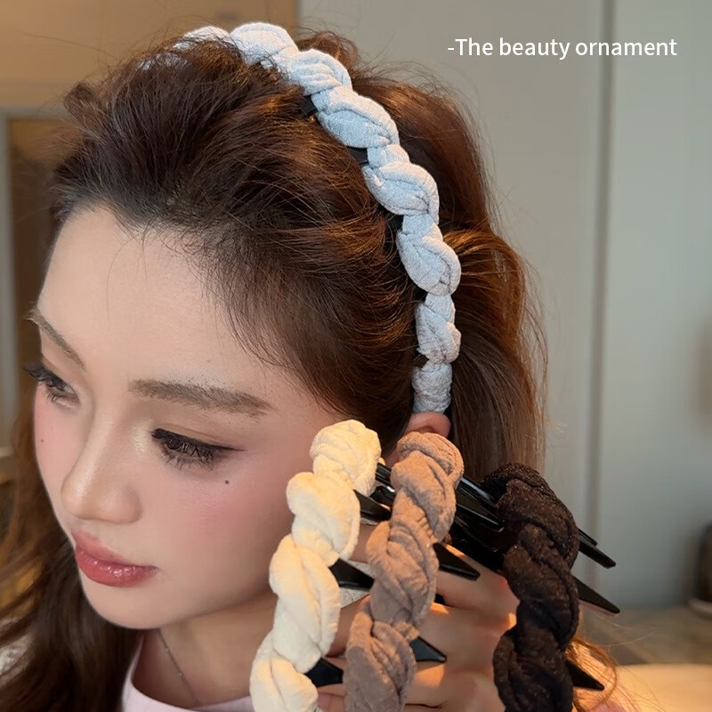 韩系布艺麻花波浪发箍女款洗脸带齿防滑压发卡蓬松高颅顶头箍发饰 黑色麻花扭结发箍