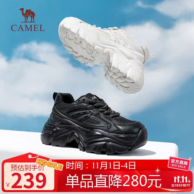 骆驼（CAMEL）老爹鞋女网布皮面拼接双系带厚底休闲鞋 L23S703108W 黑色透网 38