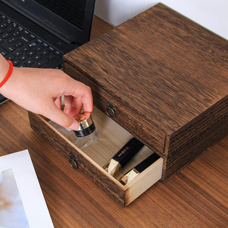 米黛蕾木头多层抽屉盒简约实木桌面收纳盒公司客厅宿舍文件小箱仿古 单层仿古色 实木碳化22.5*22*51