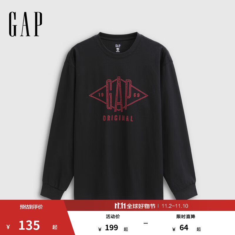GAP男女装2025秋季新款印花logo纯棉宽松圆领长袖T恤上衣786879 黑色 M (170/92A)亚洲尺码