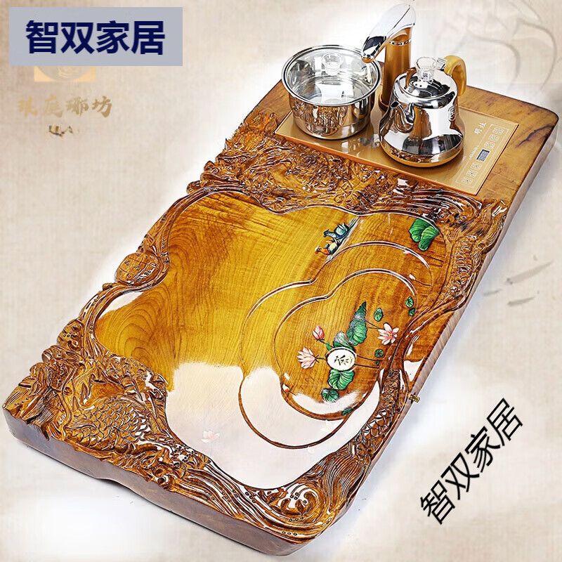 瑯庭琊坊整塊實(shí) 木茶盤雙龍戲珠金絲楠木茶托功夫