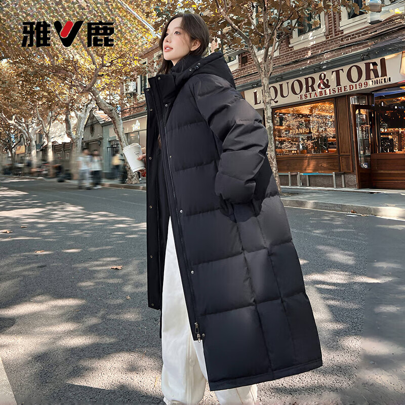 雅鹿纯色长款羽绒服女冬季2026新款长款过膝加厚防寒保暖中性黑色外套 黑色 M (160) 【建议110-125斤】