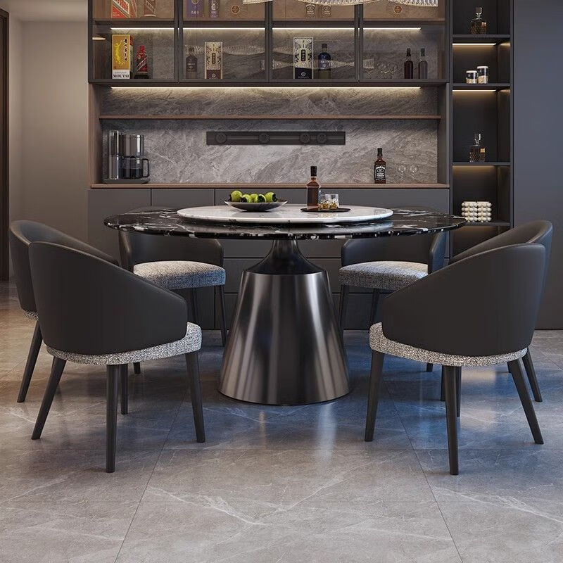 布欧格意式天然超晶石轻奢餐桌椅组合圆桌简约大理石餐桌家用饭桌带转盘 1.2米70CM转盘+4罗森椅