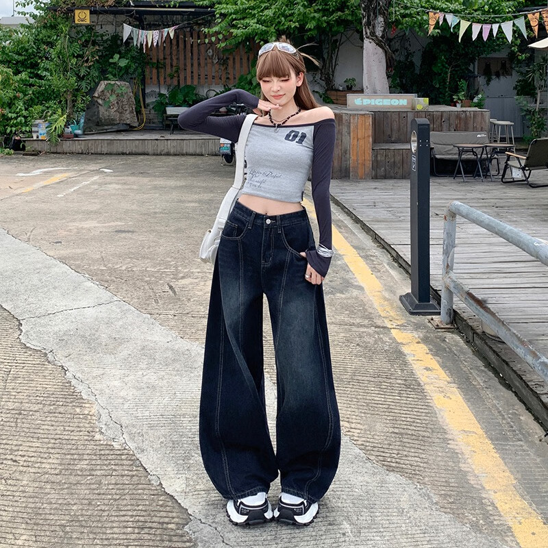 帅西欧美式复古刺绣弯刀阔腿牛仔裤女2025秋季新款高腰直筒宽松拖地裤 兰灰 加长 XL 【120斤-129斤】