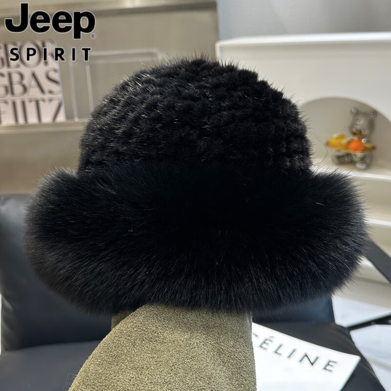 JEEP SPIRIT水貂毛帽子女秋冬季貂毛狐狸毛渔夫帽水貂皮草帽冬季时尚保暖盆帽 白色 【均码可调节】