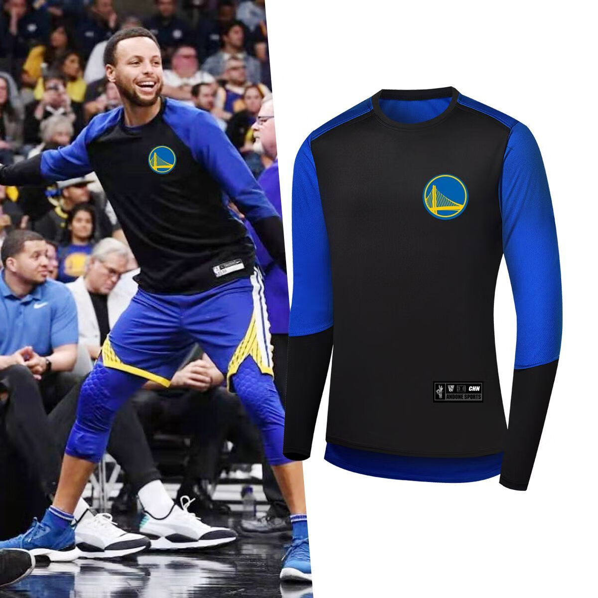 服投篮服勇士速干透气t恤男球衣nba出场服 高品质勇士标长袖(蓝黑款 s