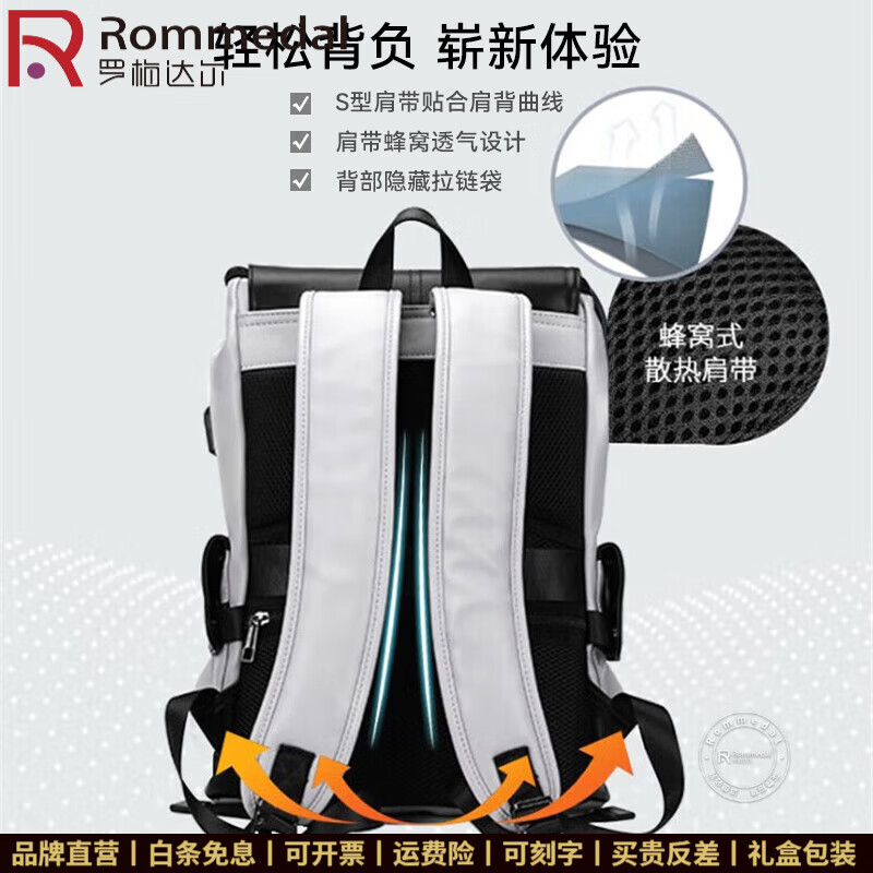 罗梅达尔（Rommedal）双肩包男高档背包大容量休闲商务电脑包旅行包时尚双肩包男士书包 灰色拉链43*30*16CM