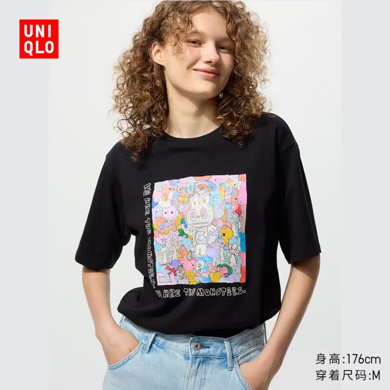优衣库女装男女同款亲子UT泡泡玛特印花短袖T恤POP MART 481297 09 黑色 L /160/88A