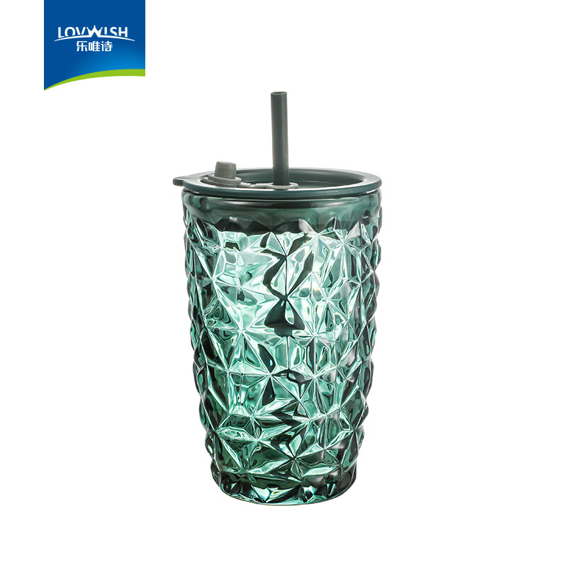 乐唯诗高颜值炫彩咖啡冰美式拿铁玻璃杯大容量带盖吸管杯子办公室水杯子 墨绿晶钻吸管杯【原色玻璃】440ml*1