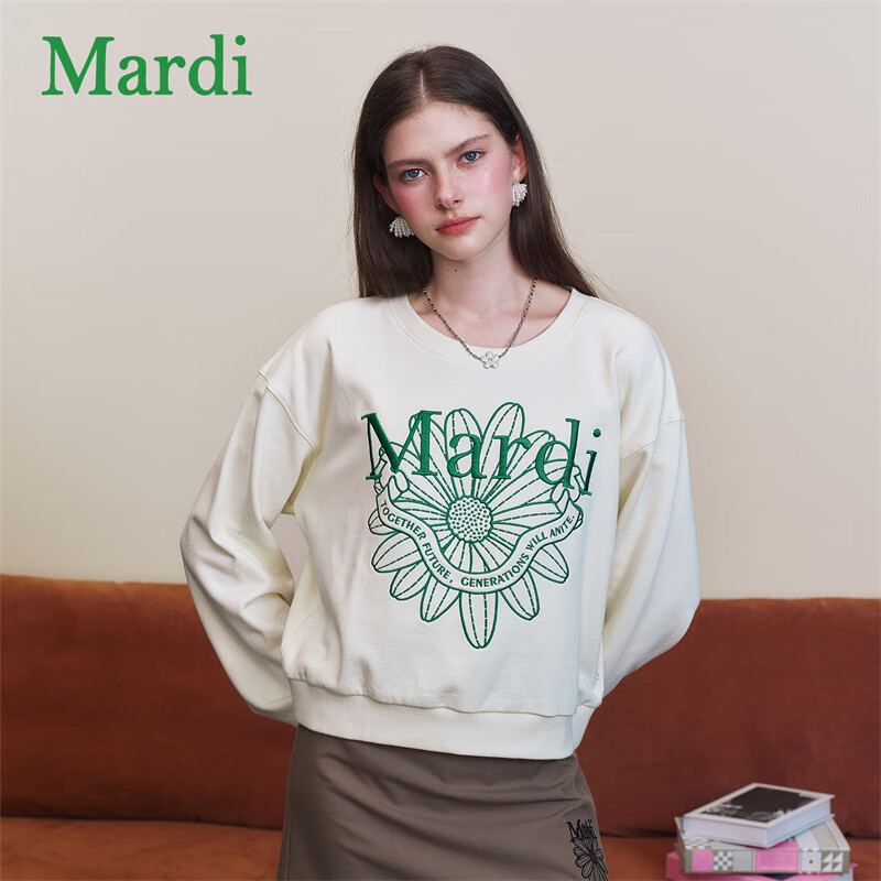 MARDI小雏菊圆领卫衣女字母印花长袖套头衫宽松休闲春秋上衣女 杏花石 XS