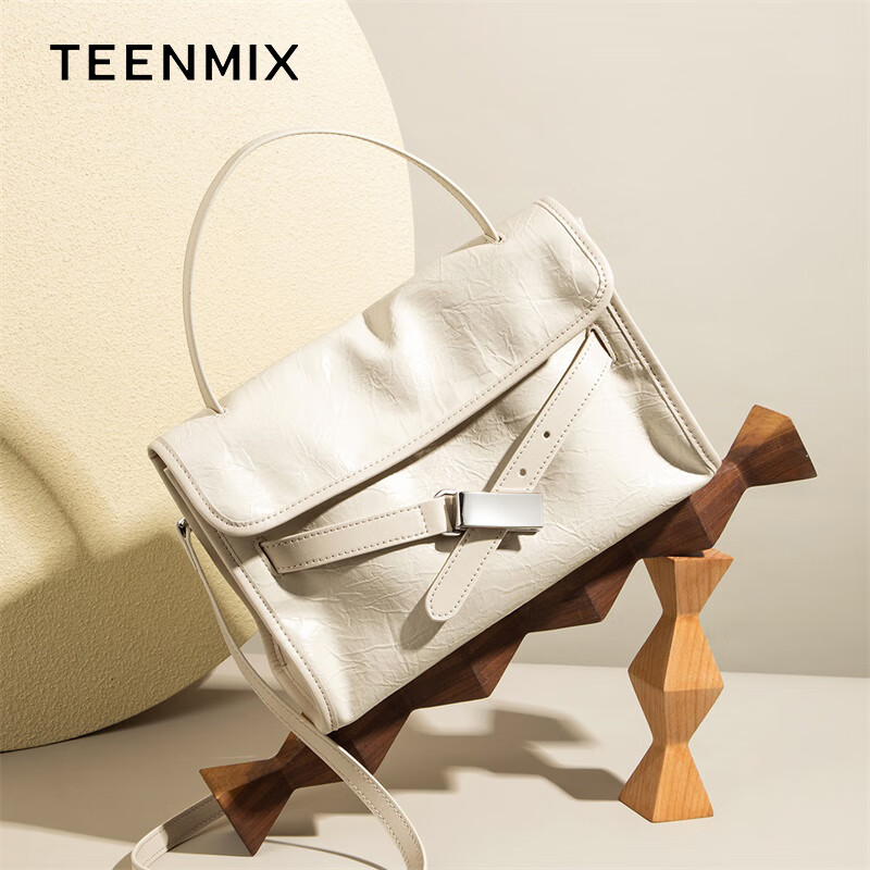 天美意（TEENMIX）女包牛皮斜挎包高级感褶皱包通勤公文包手提单肩包生日礼物送女友 米白色