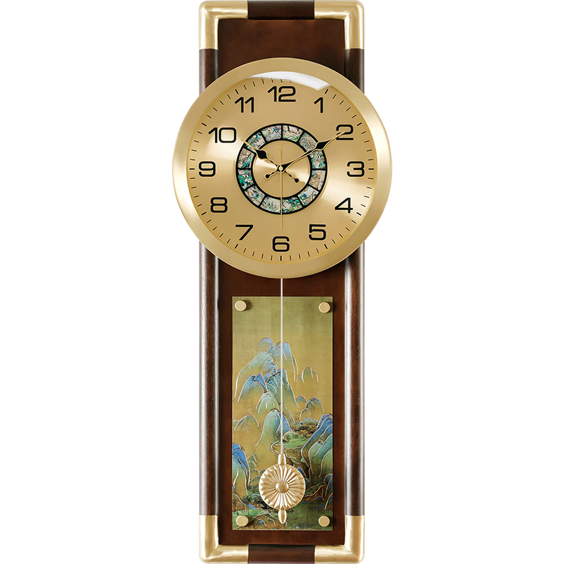 漢時(shí)（Hense）新中式黃銅掛鐘琺瑯彩輕奢掛墻時(shí)鐘大尺寸掛表大堂石英鐘表HP8060 A款胡桃木+黃銅