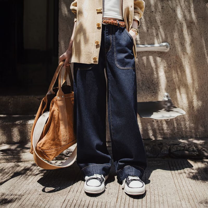 马登女装 牛仔裤女士秋季新款美式巴黎扣丹宁蓝原色宽松直筒阔腿裤子 洗水蓝 S 偏大，日常穿M码建议此尺码