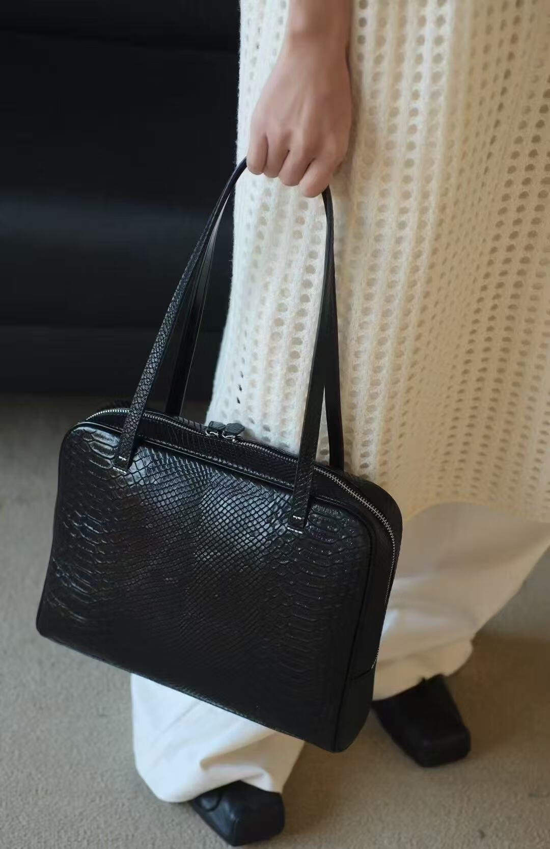 蜥蜴纹头层牛皮2025韩版小众设计大容量腋下公文包单肩女包 黑色 30*5