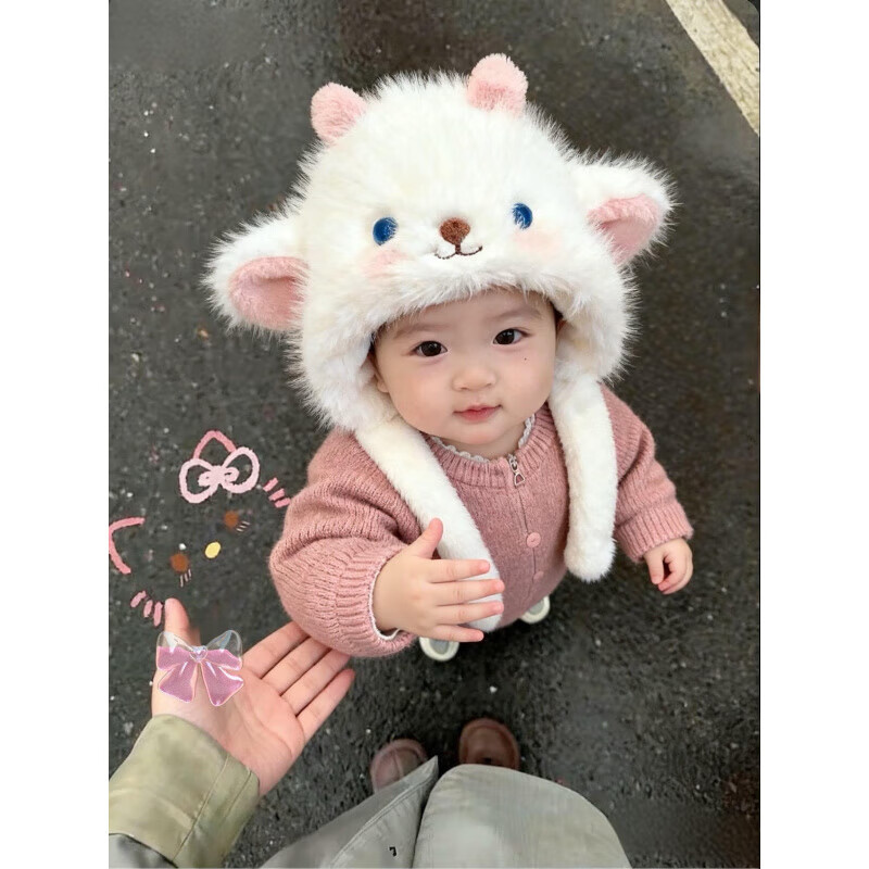 G.duck小黄鸭会动耳朵的帽子毛绒保暖女冬季可爱毛茸茸防寒儿童宝宝 呆萌羊角-米色【内置气囊+耳朵会动】 均码(头围46cm以上可戴)