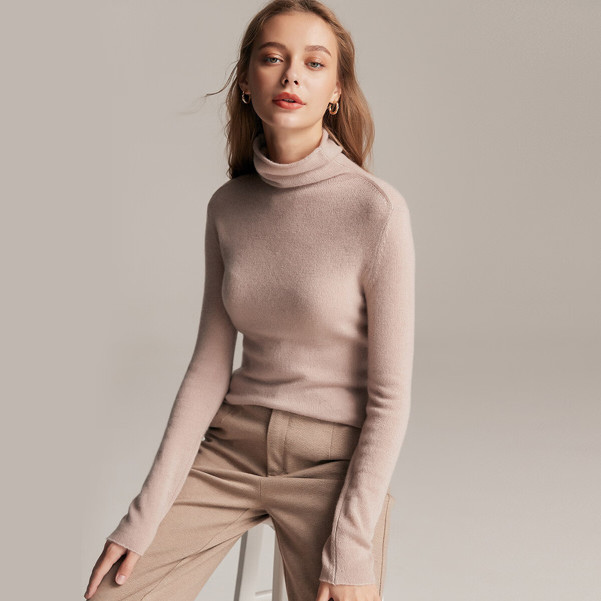 PALUOPO堆领100%山羊绒衫女式套头纯色打底针织秋冬保暖毛衣ET20055R 驼灰 XL 170/110