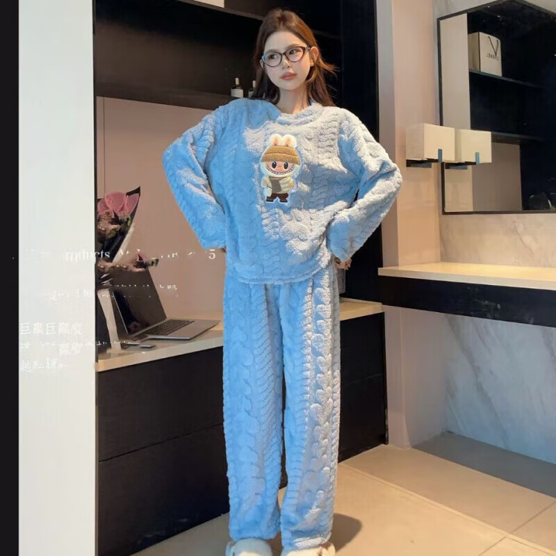 诗莉奥(SHILIAO)睡衣女珊瑚绒秋冬季新款加厚绒休闲保暖家居服少女冬天套装可外穿 小兔-姜黄色套装 均码 155-175/80-105CM