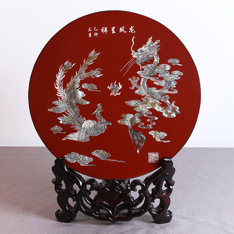 漆花（qihua）漆花揚(yáng)州漆器廠家居飾品結(jié)婚禮品情人節(jié)禮物客廳裝飾擺件臺(tái)屏可定 龍鳳呈祥紅