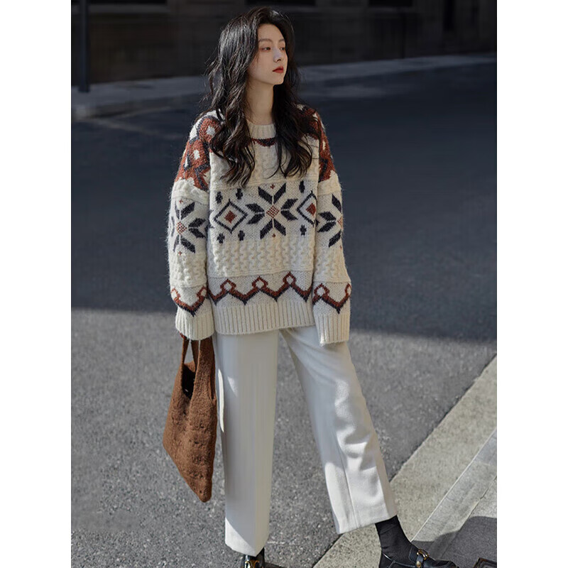 妙恋多毛衣女外穿冬季加厚宽松圆领套头针织衫温柔费尔岛小众设计感上衣 米白色 【针织毛衣】 均码 【建议90-140斤】