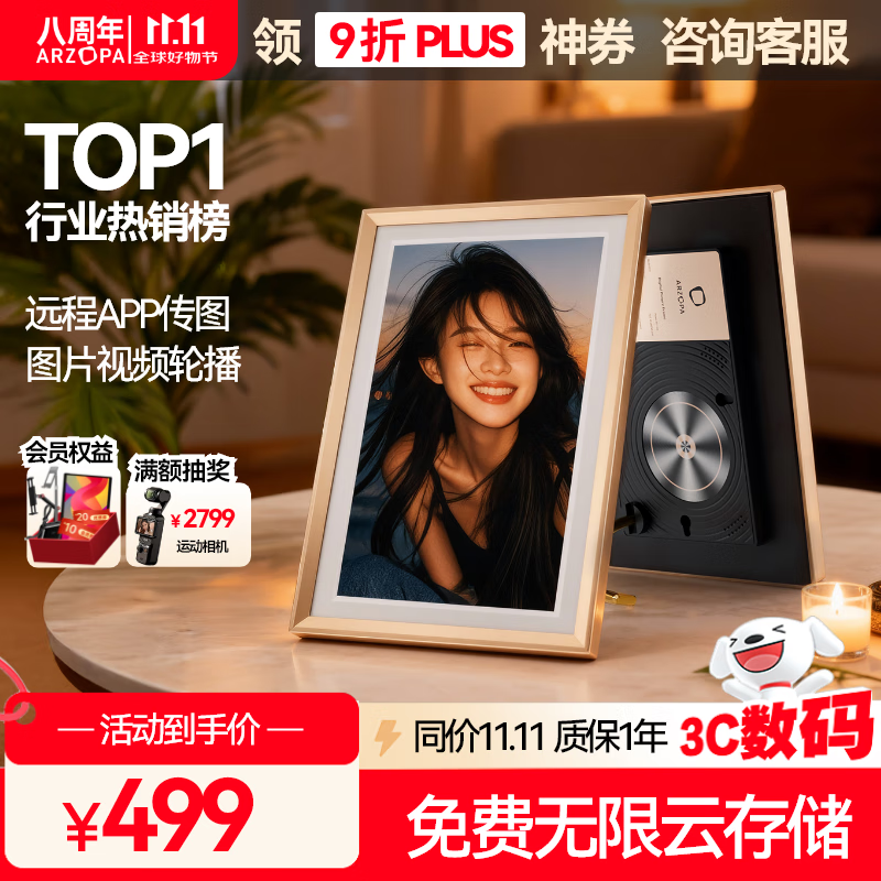 ARZOPA阿卓帕 10.1英寸数码智能云相框 高清电子相册 照片视频触摸播放  端午节礼物 D10香槟金