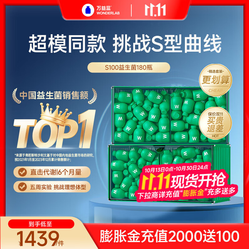 万益蓝（WONDERLAB） S100益生菌 体重管理 小绿瓶成人谢儿童脂女性 代益生元 燃燃片 【半年套装】S100 180瓶