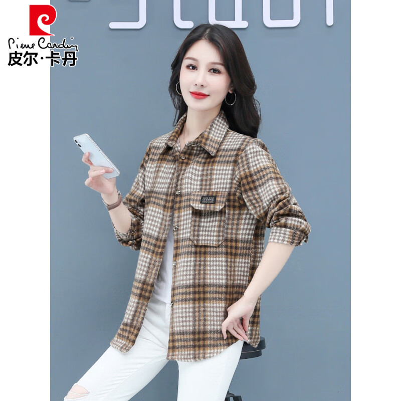皮尔卡丹(pierre cardin)毛呢格子衬衫女2025新款秋季时尚复古港味宽松加厚衬衣春秋装外套 千鸟蓝【毛呢格子衬衫】593ZHYL1560 XL (85-100)
