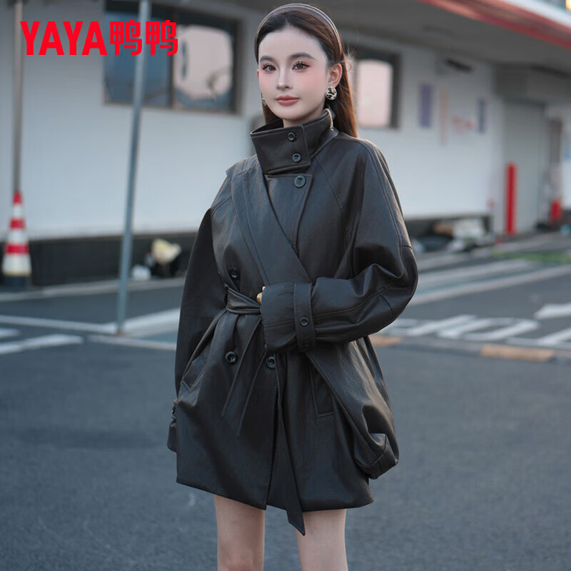 鸭鸭皮衣羽绒服女中长款2025冬季新款时尚帅气立领收腰显瘦保暖外套DS 咖啡色 【赠送包包】 M