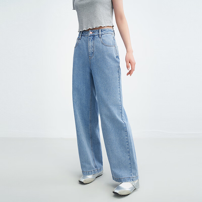 乐町直筒韩系少女牛仔裤显瘦高腰莱赛尔阔腿裤 牛仔中蓝(现货) M