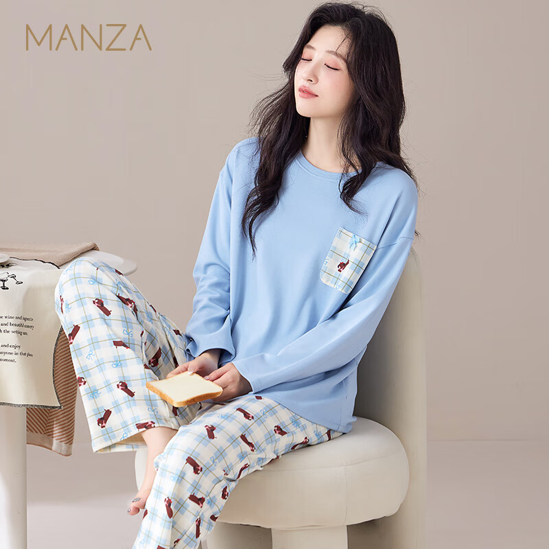 玛伦萨睡衣女纯棉春秋季可外穿2025新款长袖长裤柔软女士家居服套装 蓝色 M