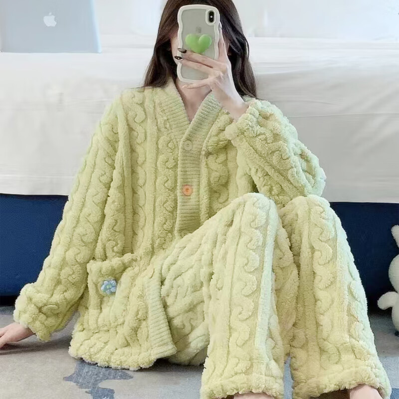 诗莉奥(SHILIAO)冬季加厚珊瑚绒毛毛睡衣女可外穿开衫两件套装纯 绿色小花 均码