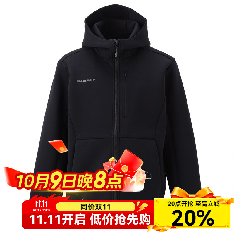 猛犸象（MAMMUT）新款男士软壳衣 Dyno 2.0 中层连帽夹克柔软舒适居家休闲徒步外套 黑色 XS