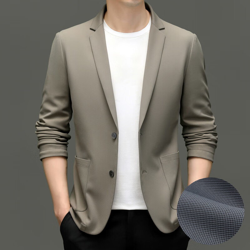 春秋西装男士休闲中年感商务休闲外套时尚修身小西服单件上衣 卡其色
