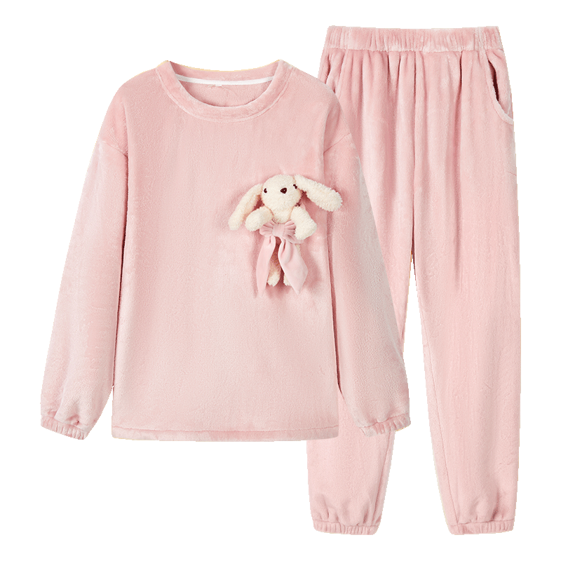 都市丽人内衣秋冬女士睡衣套装套头加绒加厚双面法兰绒卡通家居服2H32H6