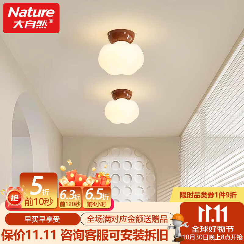 大自然照明衣帽间门厅走廊过道灯玄关入户胡桃木色阳台灯北欧南瓜灯北欧法式 （全光谱）棉花款 三色变光