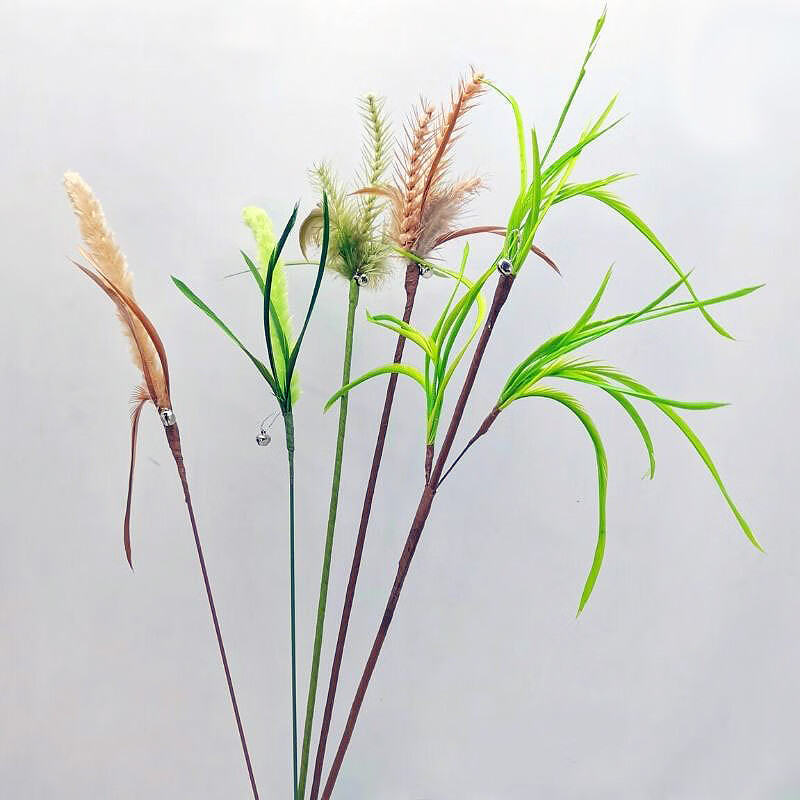 仿真植物狗尾巴草麦穗羽毛长杆逗猫棒带铃铛耐咬神器互动猫咪玩具 仿真小麦(一支，绿色)
