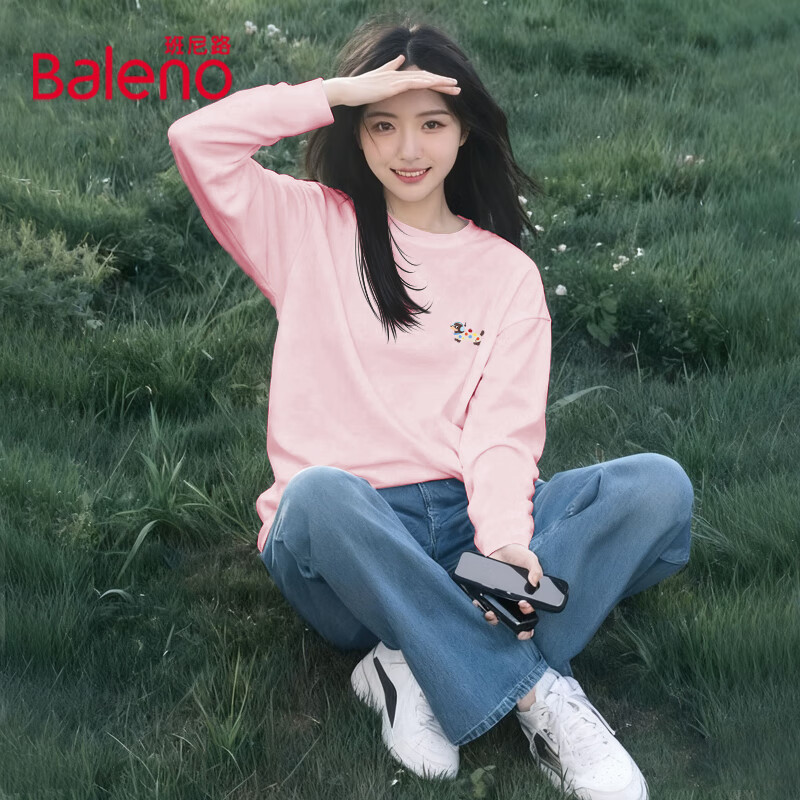 班尼路（Baleno）长袖t恤女装纯棉打底衫女秋冬季新款秋装卡通印花设计感上衣服1 浅粉#干巴Z狗K S