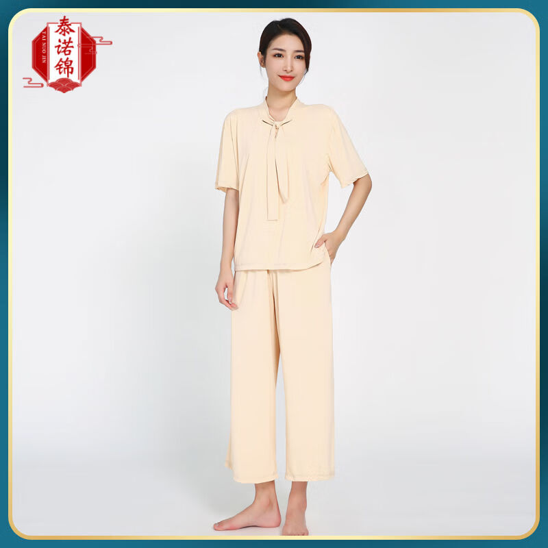 泰諾錦汗蒸服女曲水浴服冰涼絲云絲睡衣桑拿服按摩服男士洗浴家居 米色冰涼絲 S