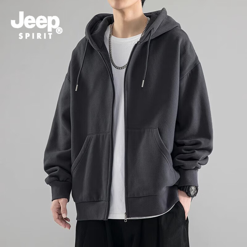 JEEP SPIRIT吉普开衫卫衣男春秋季新款简约外套男纯色连帽上衣服 深灰色 常规 XL （建议体重150-170斤）