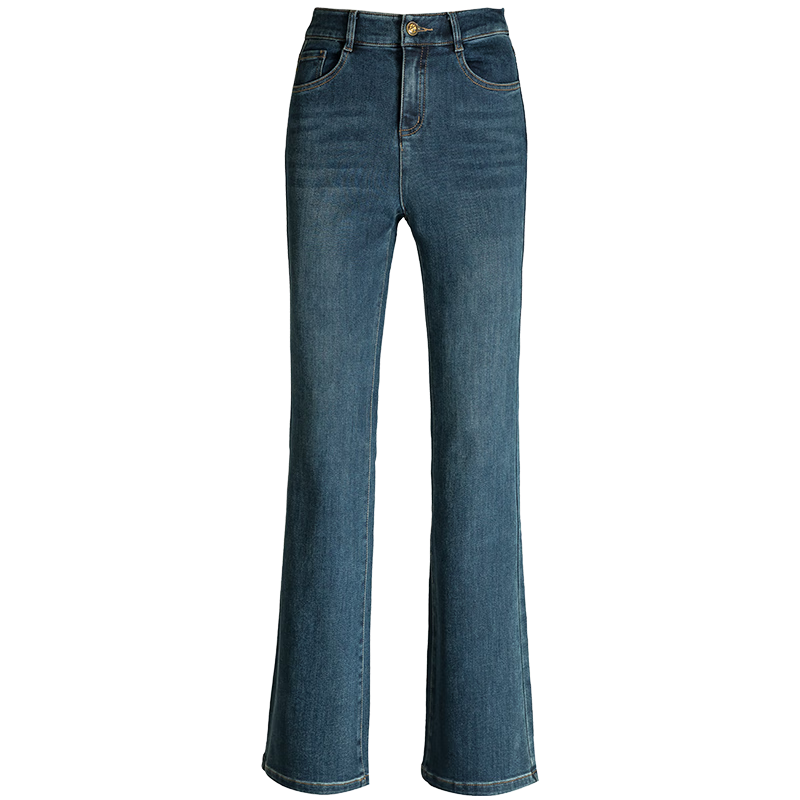 夢舒雅女褲藍(lán)色復(fù)古微喇牛仔褲女2025春秋商場同款高腰修身百搭喇叭褲