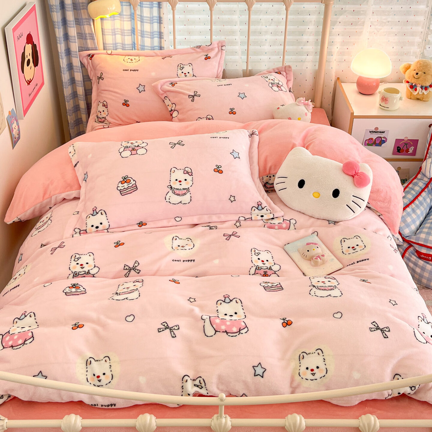 多兰诗牛奶绒四件套 秋冬保暖雪花绒单双人宿舍家用珊瑚绒床单四件套 茶派小狗粉 1.8米 床单款 （被套200*230cm） 四件套