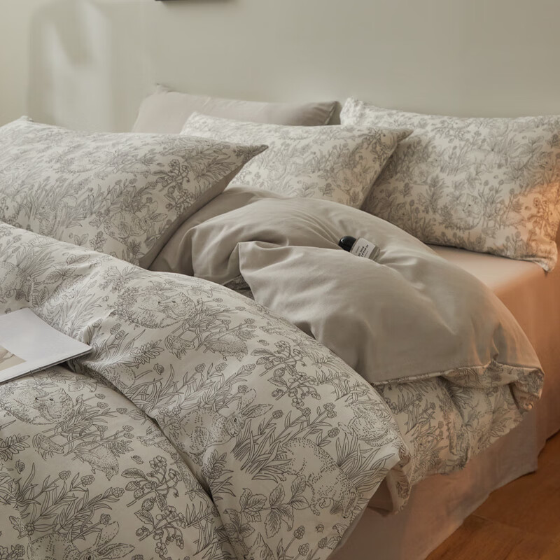 AIDLI床上四件套A类全棉双层纱纯棉新疆棉被套床单被罩双人套件 F白薇 1.5/1.8m床 床单款 被套200*230cm