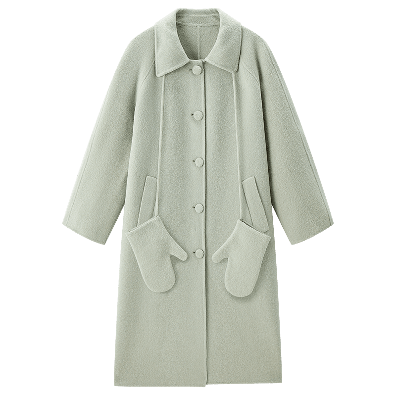 樂(lè)町雙面呢大衣女中長(zhǎng)款冬季新款連帽外套 冬梨綠(現(xiàn)貨) M